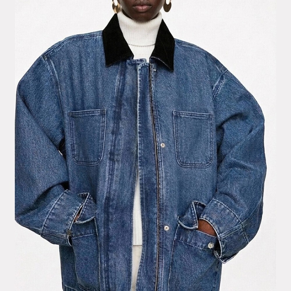 Acid Wash Denim Contrast Collar Oversized Zip Barn Jean Jacket